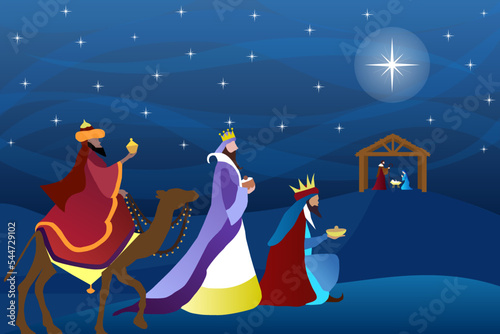 Christmas Nativity Scene. The adoration of Three Wise Men in the desert. Greeting card banner background. Vector EPS10.