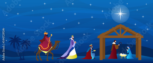 Christmas Nativity Scene. The adoration of Three Wise Men in the desert. Greeting card banner background. Vector EPS10.