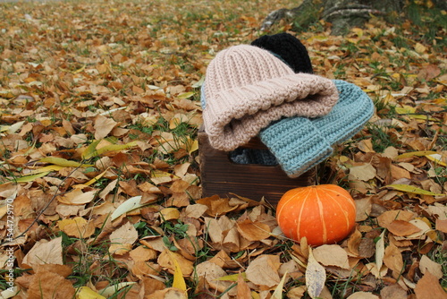 Hats crocheted knitted in the hands of a girlon the street. Product listing for sale. Urban style. Fashion. Autumn photo