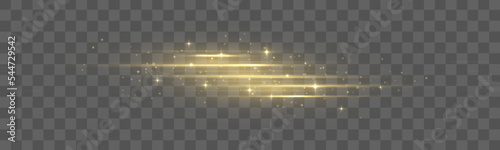Yellow soft horizontal neon lines and lights. Set of abstract lens flares. Flash gold line motion. Laser sparkle beams, glowing speed rays, dust sparks light effect. Luminous sparkling lined. Vector