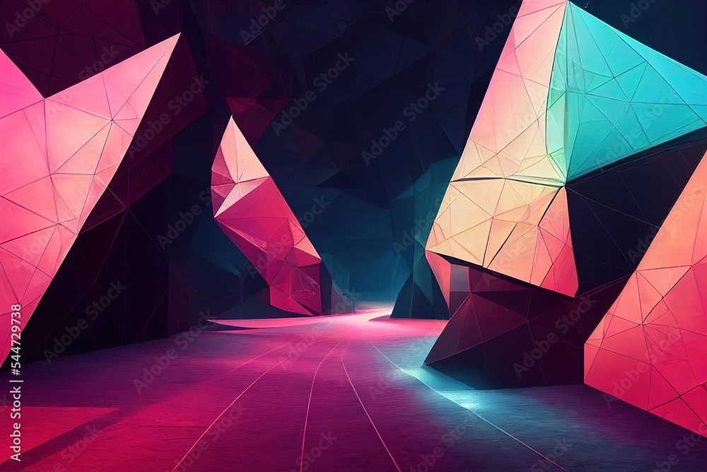3d abstract neon background, glowing triangular portal in cyber space ...