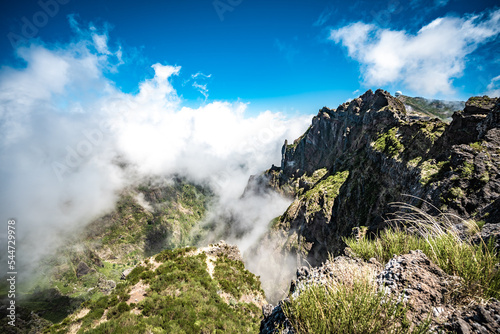 Super scenic view from hike trail to Pico do Ariero in the afternoon. Verade do Pico Ruivo, Madeira Island, Portugal, Europe.