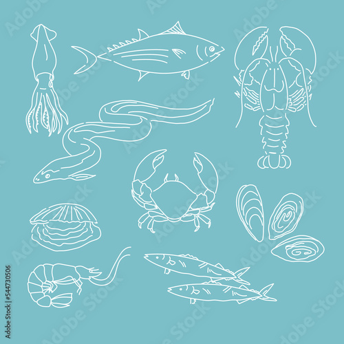Set with seafood on blue background. Hand drawn sea fishes, oysters, mussels, lobster, squid and octopus, crabs, prawns. Healthy food natural set. Vector illustration
