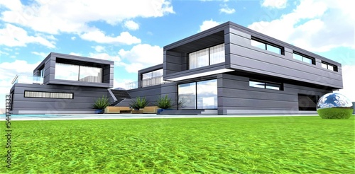Luxury design cottage constructed in ecologicaly clean region. Spaciouse territory of hte estate. 3d rendering. photo