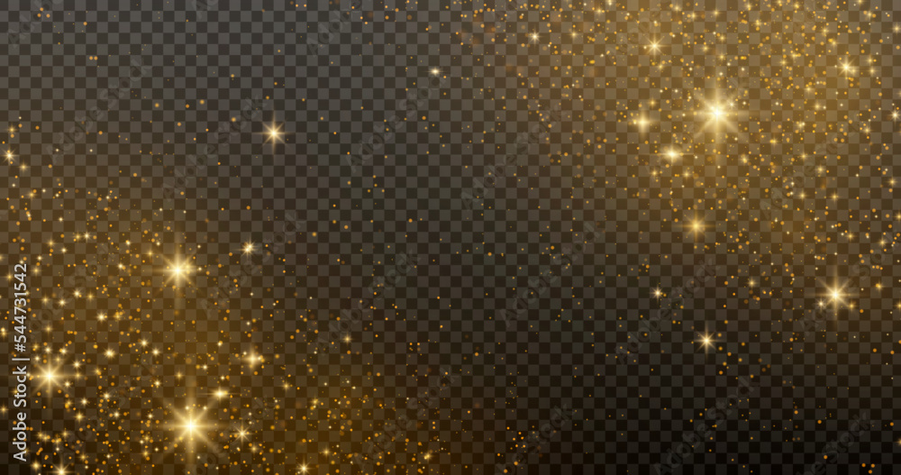 Glitter particles effect. Gold glittering Space star dust trail sparkling particles on transparent background. Stock royalty free vector illustration. PNG