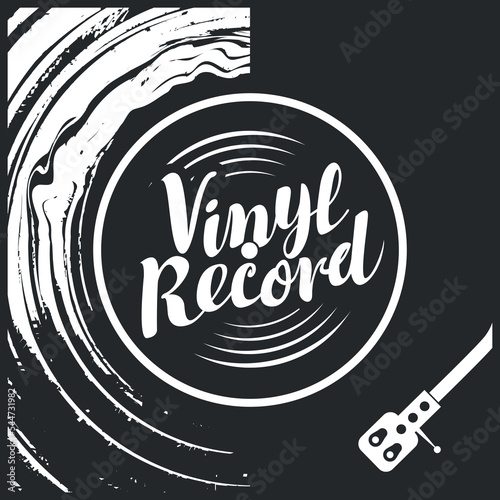 Vector music poster with old vinyl record, record player and calligraphic lettering in retro style. Music collection