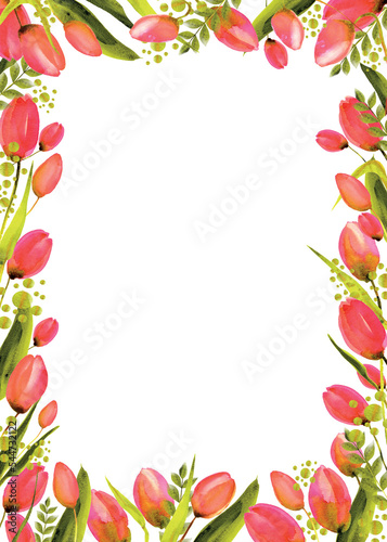 Watercolor hand drawing pink tulipans frame with olive color leaves and stems