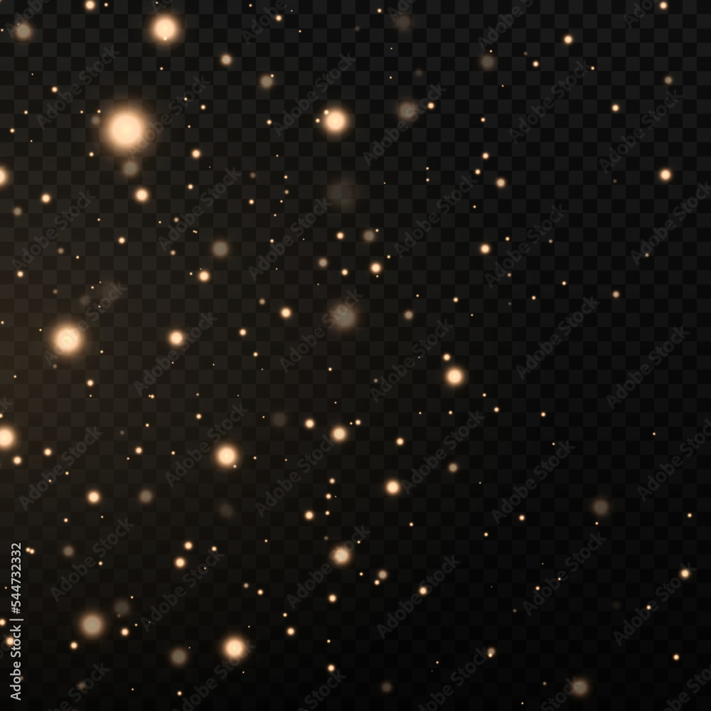 Golden confetti and glitter texture on black background. Sparkling space magical dust particles. Christmas concept.
