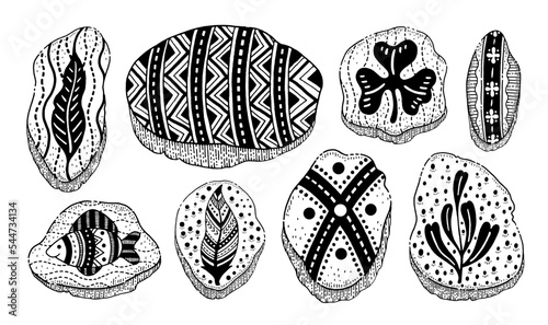 Stone amulets. Age cave pagan symbol. Abstract painting rock. Zen chinese or viking ancient fossil with footprint. Black ink pattern tattoo. Cartoon sketch hand drawn art. Mythology stone ornament