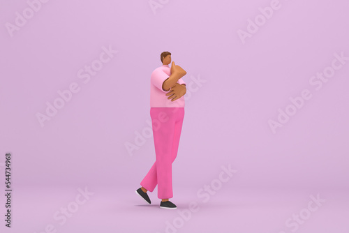 The black man with pink clothes. He is expression of body and hand when talking. 3d illustration of cartoon character in acting.