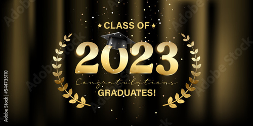 Vector illustration. Class of 2023 badge design template in black and gold colors. Congratulations graduates 2023 banner sticker card with academic hat for high school or college graduation