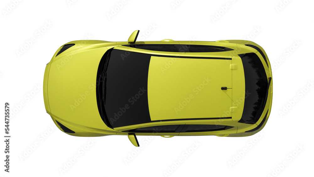YELLOW MAZDA 2 top view, 3d rendering of PNG transparent car Stock