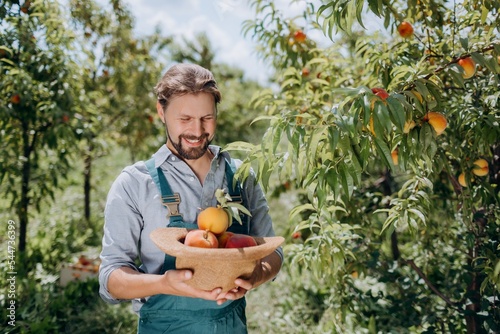 Farmer with peaches outdoors