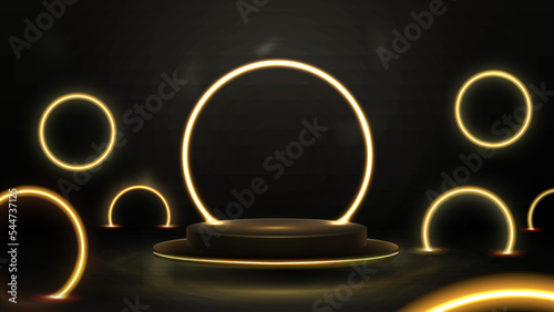 Empty gold and black podium floating in the air with yellow neon rings around