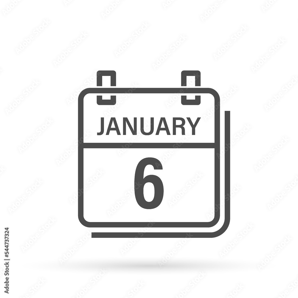 6 January. Calendar icon with shadow. Day, month. Flat vector illustration. 6 January. Calendar icon with shadow. Day, month. Flat vector illustration.