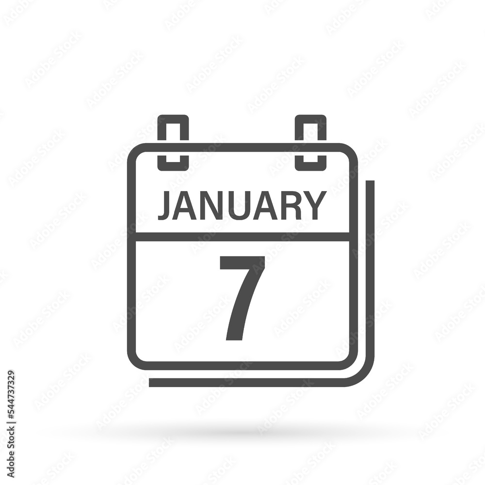 January 7, Calendar icon with shadow. Day, month. Flat vector illustration.