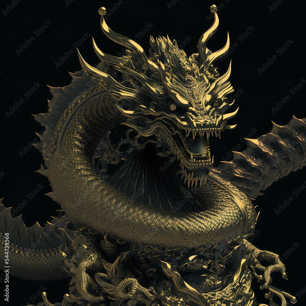 Chinese golden dragon isolated on black background. Feng Shui figurine.  Illustration Stock | Adobe Stock