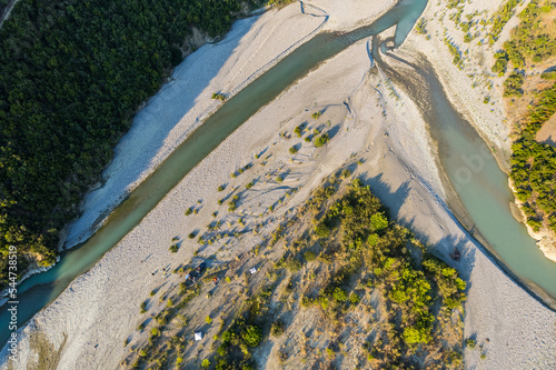 Aerial view of river Osumi by village Mbrakull near Polican in Albania in Summer sunrise photo
