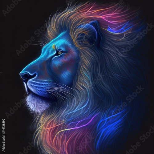 Neon bright portrait of a lion in a hand drawn style.
