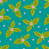 Vector seamless pattern rosette of leaves witn small flower on green background
