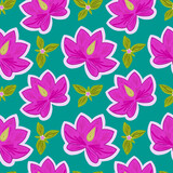 Vector seamless pattern exotic big flowers and herbs on green background