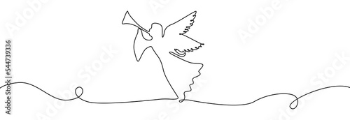 Christmas angel one line .Christmas and religion symbols isolated on white. Angel trumpets continuous line.Angel silhouette .