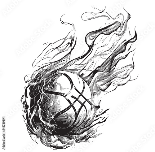 Volleyball ball on fire hand drawn sketch. Vector illustration.