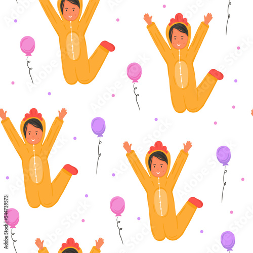 Seamless pattern with kid in chicken kigurumi costume