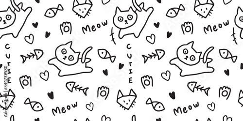 Cat doodle hand-drawn seamless pattern background for template, poster, wrapping, textile, education etc