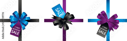 Ribbons and tags with text CYBER MONDAY SALE on white background