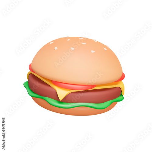 Burger 3d icon. Hamburger, cheeseburger. Cutlet, buns, vegetables. beef cutlet placed between a cut bun. Isolated object on transparent background