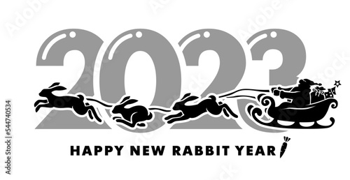 Santa Claus rides in a sleigh with gifts pulled by rabbits. 2023 Chinese new year, vector christmas card on transparent background