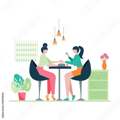 Vector illustration of a beautiful beauty salon. Cartoon scene with manicurist doing nails on a girl at the table on white background.