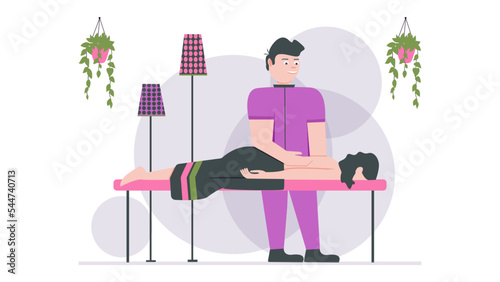 Vector illustration of a beautiful beauty salon. Cartoon scene with masseur doing massage girl on white background.