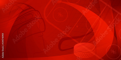 Abstract background in red colors with different hockey symbols such as puck, stick, helmet, ice rink