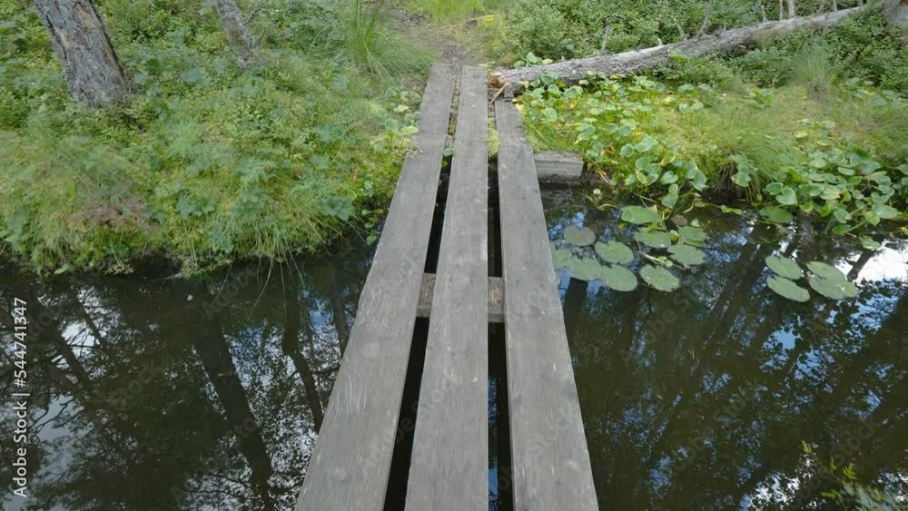 The small wooden ledge on top of the swamp in the forest as seen while hiking in Estonia The small wooden ledge on top of the swamp in the forest as seen while hiking in Estonia