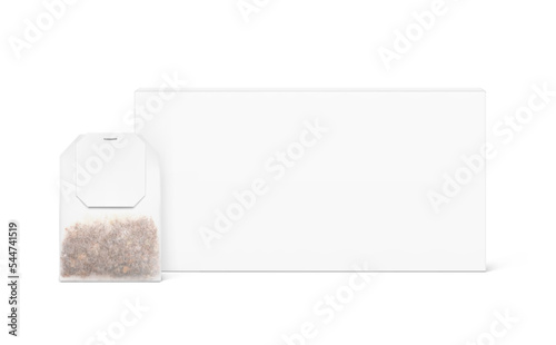 Realistic cardboard box with tea bag mockup. Perspective view. Vector illustration isolated on white background. Ready for your design. EPS10.	