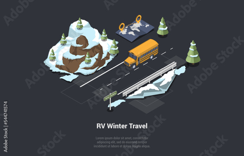 Adventures, Hiking, Family Traveling And Winter Vacations Concept. School Bus In The Forest Riding By Road. Christmas Outdoor Sightseeing Travel In Snowy Mountains. Isometric 3d Vector Illustration