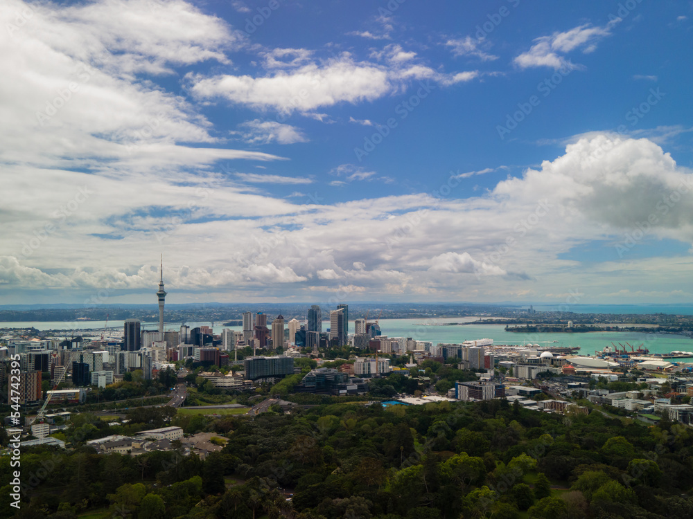 Aerial view of Auckland City high above Kings Domain