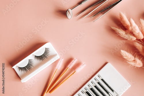 Tools for eyelash extension on trendy pastel pink background. False eyelashes, tweezers and brushes. Beauty shop. Makeup cosmetics. Top view, flat lay