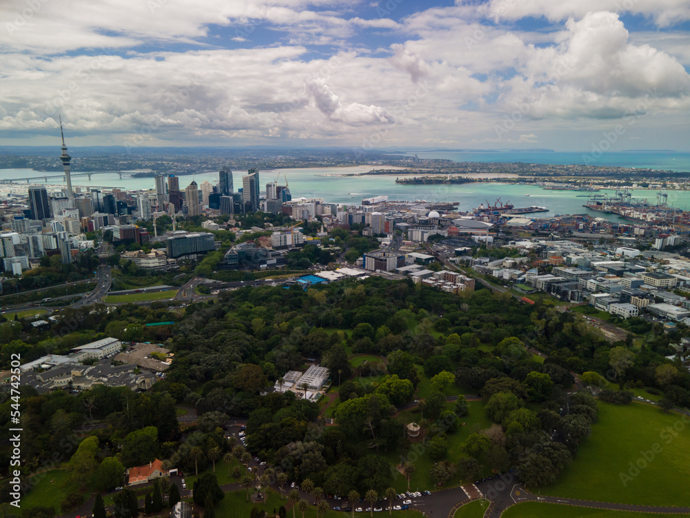 Aerial view of Auckland City high above Kings Domain
