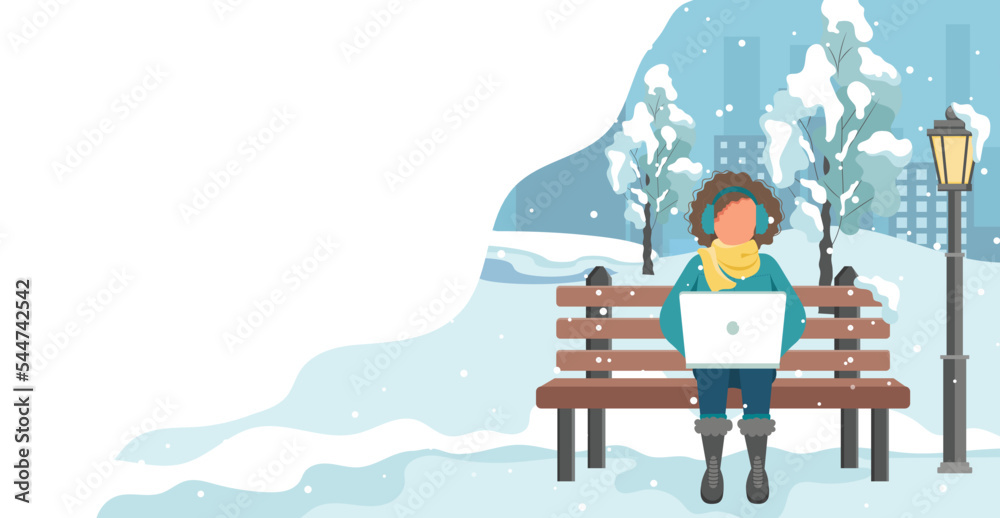 Naklejka premium Happy girl sitting on a bench in the winter park. Cartoon vector illustration for public garden, vacation concept.