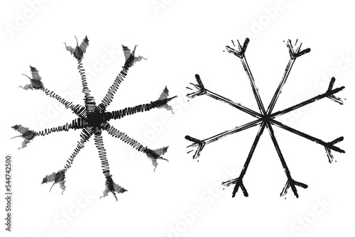 Outline drawing of a snowflake in a doodle style. Set of two images. Line art. Icon. Isolate