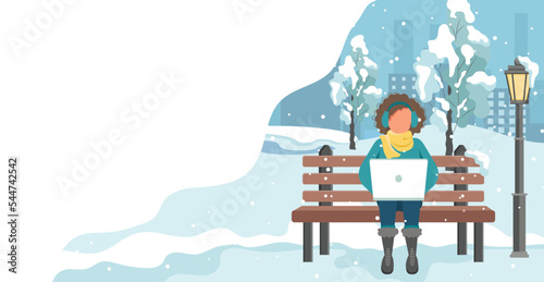 Happy girl sitting on a bench in the winter park. Cartoon vector illustration for public garden, vacation concept.