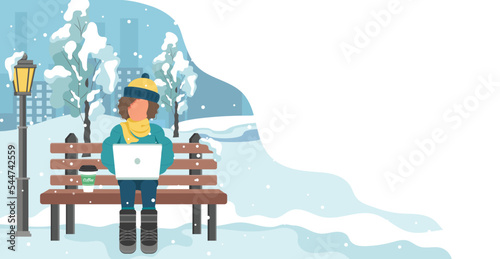 Happy girl sitting on a bench in the winter park. Cartoon vector illustration for public garden, vacation concept.
