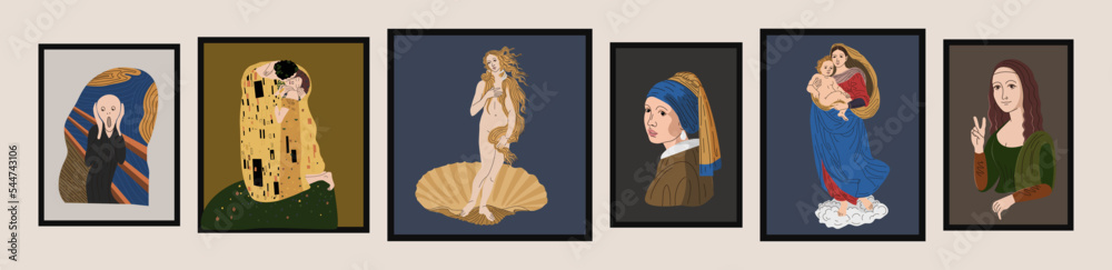Famous paintings in vector. Exhibition of classical painting. Gallery of works of art. masterpieces of world art. - obrazy, fototapety, plakaty 