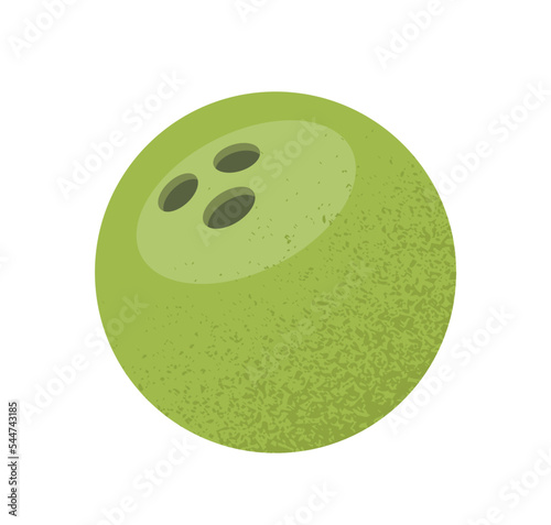 Sports ball sticker. Icon with round heavy ball for bowling and knocking down pins. Fun and entertainment. Equipment for sports game. Cartoon flat vector illustration isolated on white background