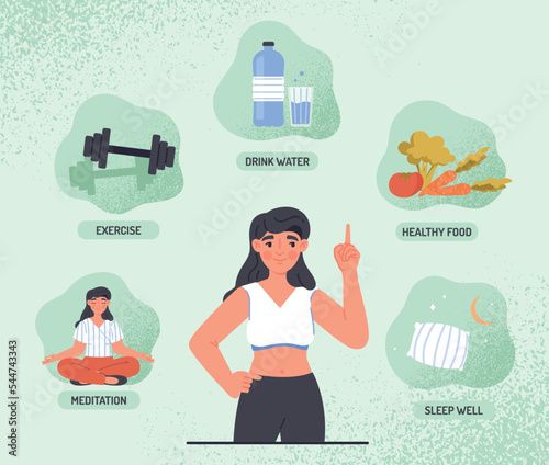 Boost your immune system. Young girl gives finger up and appreciates ways to take care of her health. Active lifestyle and sports, fitness and balanced diet. Cartoon flat vector illustration