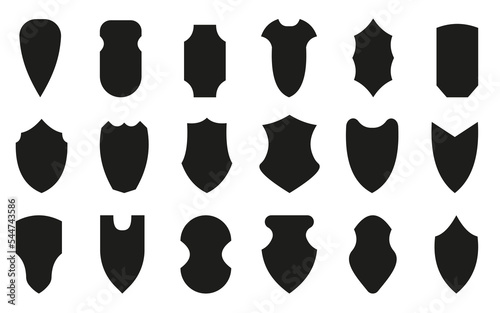 Shields black silhouette icon set. Different shapes guard security sign. Business safety symbol. Police badge contour template. Knight heraldic award medieval royal vintage emblem. Virus protection