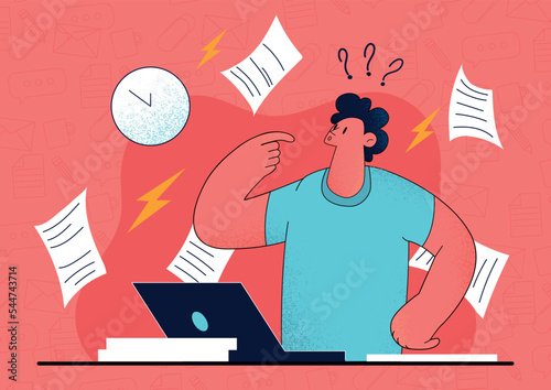 Overwhelmed man at workplace. Guy with laptop and sheets of paper. Emotional burnout and stress, panic and pressure. Inefficient workflow and poor time management. Cartoon flat vector illustration